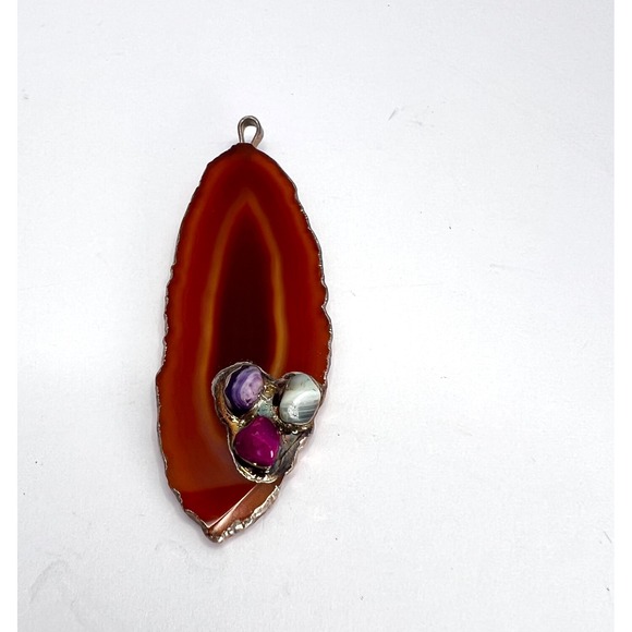 Rust Brown Agate Slice Pendant Boho Natural Stone Statement Witchy Crystal - Picture 2 of 6